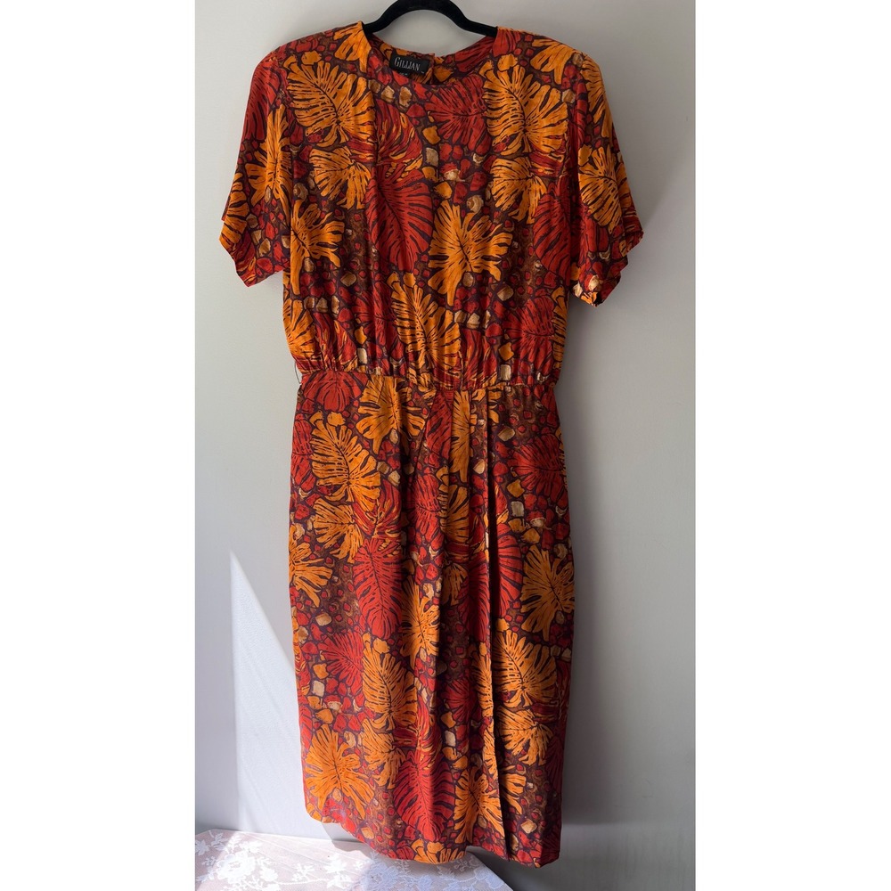 Gillian Silk Dress Womens 16 Orange Tropical Leaf Vintage Midi Short Sleeve EXC